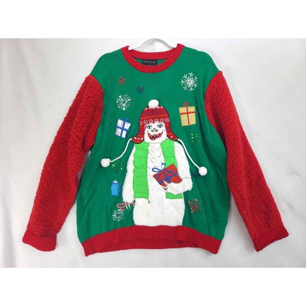 Blizzard Bay Men's Fur Sleeve Yeti Present Ugly Christmas‎ Sweater Size 2XL